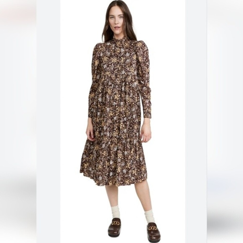 byTiMo Spring Floral Print Midi Dress Color Garden Brown & Cream Size M